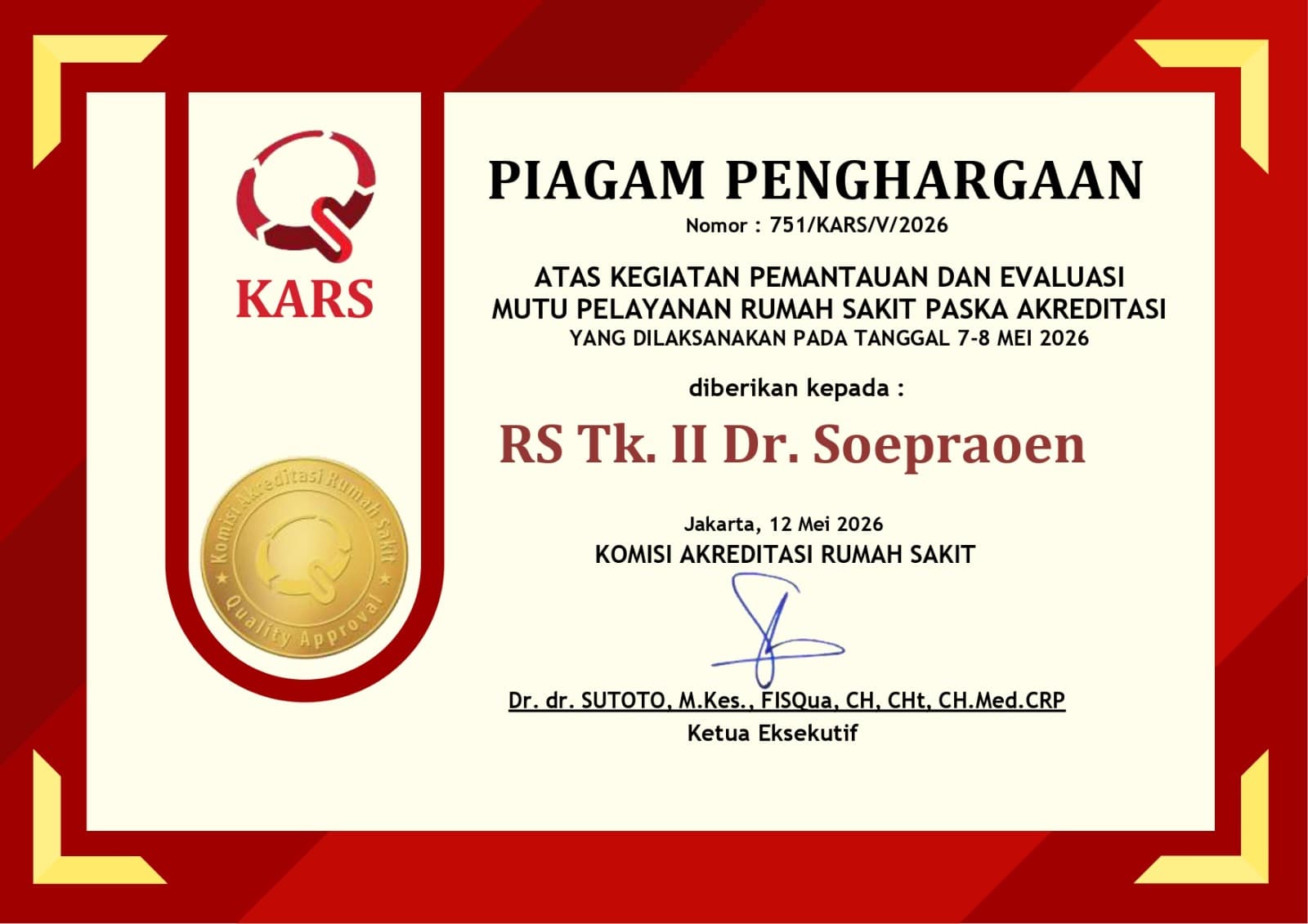 Piagam Penghargaan KARS (Pemantauan dan Evaluasi Akreditasi Rumah Sakit)